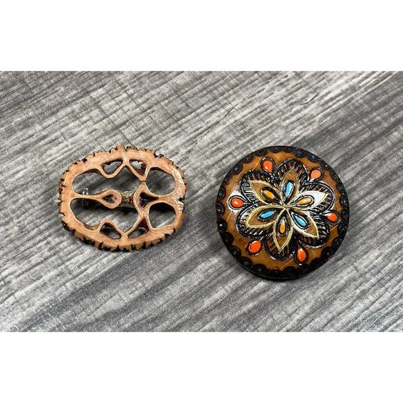 Unbranded Jewelry - Vintage Hippie Hand Painted Pin Brooch’s Walnut Shell Wood